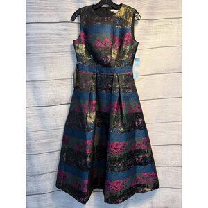 NWT Kay Unger New York Rhubarb Multi Faye Tea Length Dress Size 6